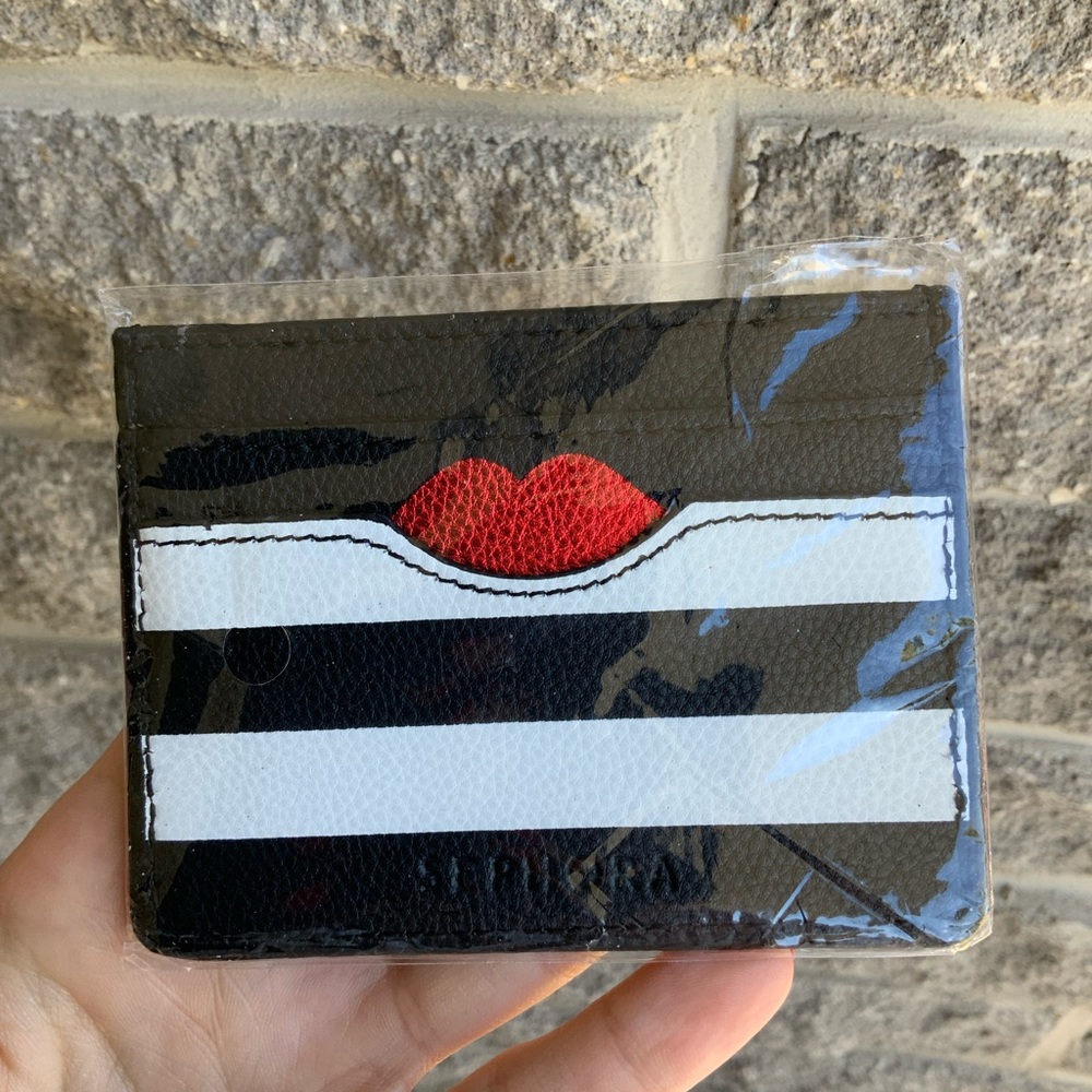 SEPHORA Striped Black White Lips Card Case Holder Small Wallet BRAND NEW